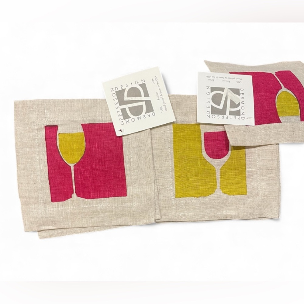 Dermont Peterson Linen Cocktail Napkins Set of 4 Mixed Prints Hand-Printed NWT